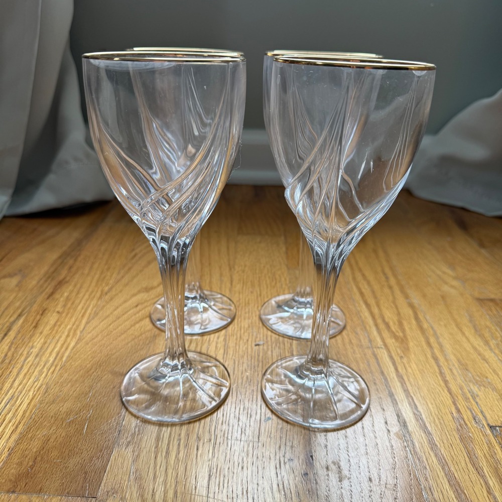 Vintage Gold Rim Optic Swirl Wine Glasses Goblets Set of 4 Heavy Stemware Clear